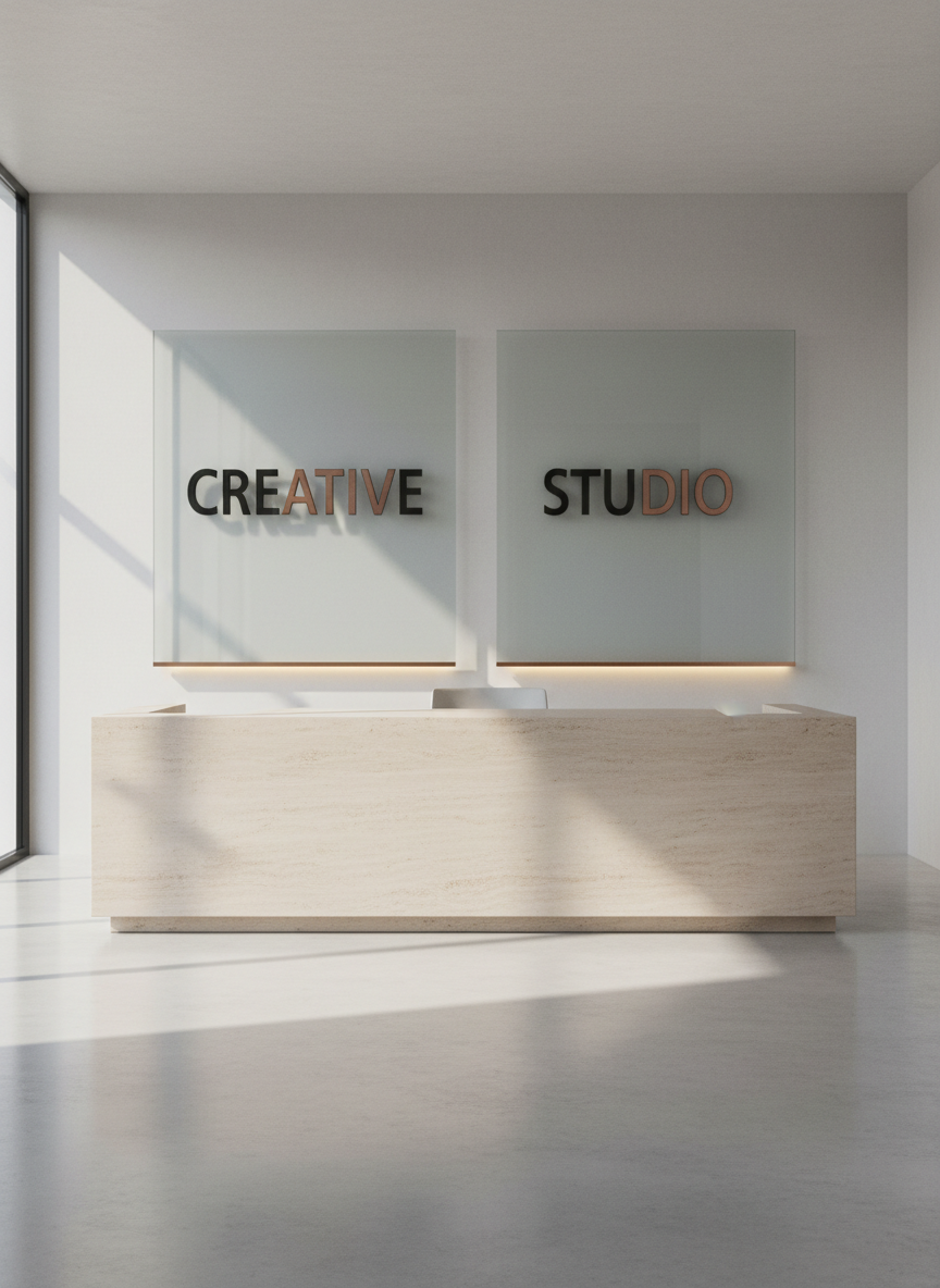 An intricate 3D interior concept of a minimalist studio space, featuring a monolithic desk formed from a single slab of pale travertine, its edges chamfered and impeccably smooth. Behind it, oversized floating typographic panels display bold experimental lettering in black and muted copper, seemingly embedded within frosted glass. The polished concrete floor reflects the forms with subtle blur. Cool, directional window light enters from the left, accented by a thin warm LED strip under the panels, creating a refined contrast of color temperatures. Photographic realism, captured in a wide-angle, slightly elevated shot with strong linear perspective, emphasizing spatial depth, calm clarity, and an ultra-sophisticated design sensibility.