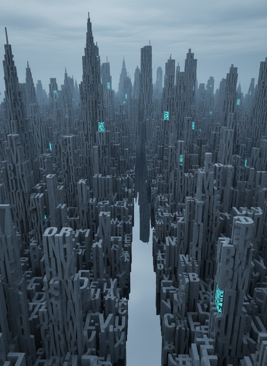 An avant-garde 3D cityscape built from typographic structures, where skyscrapers are composed of stacked, extruded glyphs in varying heights and weights, all rendered in muted slate blues and soft graphite. The streets are suggested by negative space between the forms, with a glassy surface reflecting the towering letterforms. A cool, overcast sky provides even, diffused illumination, while selective patches of subtle neon cyan light accent key buildings, hinting at digital interfaces. Photographic realism, depicted from a high, three-quarter aerial perspective, with atmospheric depth softening distant elements. The mood is contemplative and futuristic, showcasing the artist’s ability to translate letterforms into complex, elegant spatial compositions.