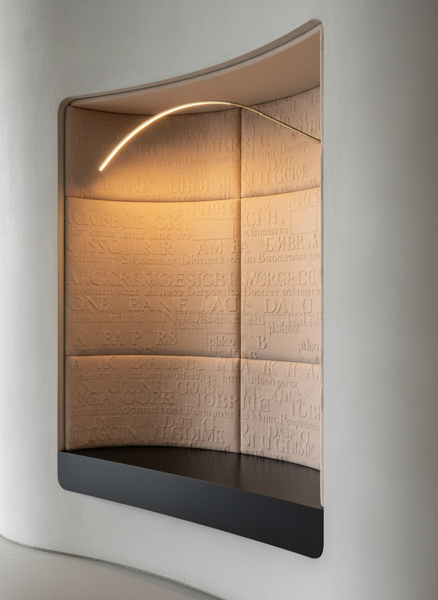 A meticulously designed 3D reading nook carved into a thick, curved wall, its interior lined with soft, sand-colored fabric panels featuring embossed typographic patterns in varying scales. A cantilevered matte black shelf forms the seat, while a single ultra-thin brass floor lamp arcs over the opening, its warm light grazing the textured letters and creating subtle low-relief shadows. The surrounding wall is a smooth, pale concrete, uninterrupted and monolithic. Photographic realism, captured at eye level with a slight side angle and balanced composition. The atmosphere is serene and contemplative, blending spatial design and typography into an intimate, sculptural environment indicative of sophisticated artistic practice.