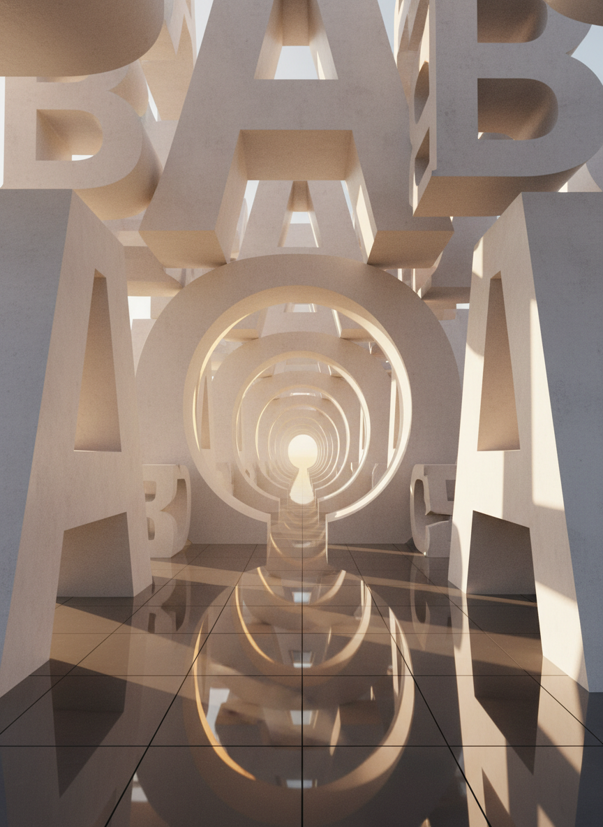 A surreal 3D architectural corridor composed entirely of oversized typographic forms acting as structural elements: towering sans-serif “A”s as archways, elongated “O”s as portals, and sliced “B”s forming cantilevered balconies. Each letter is rendered in smooth, warm off-white concrete with ultra-fine texture, set against a floor of glossy, smoked-glass tiles that mirror the architecture. Golden hour light streams from the far end of the corridor, casting long, refined shadows and soft reflections that recede into the distance. Photographic realism, captured with a centered one-point perspective and deep depth of field, creating a serene yet adventurous atmosphere that celebrates sculptural space and letterforms.
